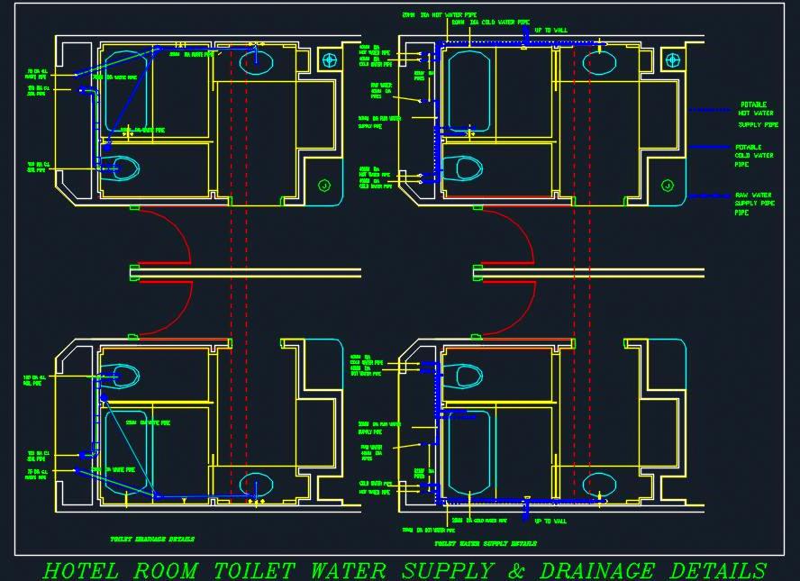 Hotel Guest Toilet Plumbing Free CAD- Water Supply & Drainage Details